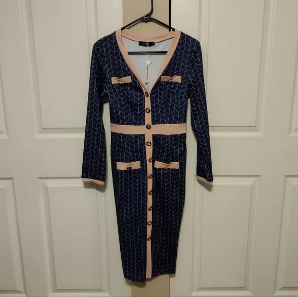 Button Down Bodycon V Neck Sexy Geometric Design Long Sleeve Midi Dress - Picture 2 of 4
